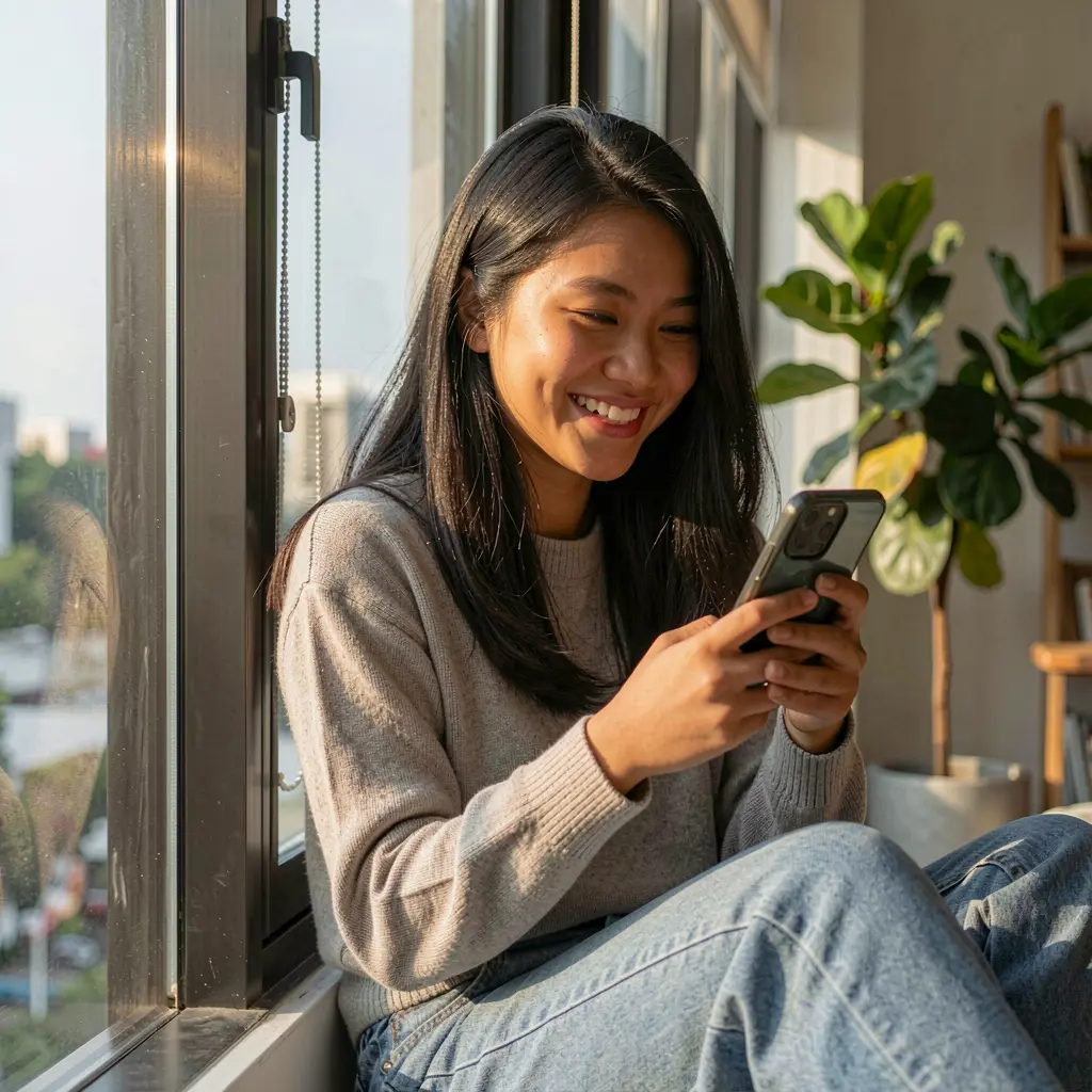 Filipino woman sitting by a window with sunlight on her face while using the GO778 mobile casino app on her smartphone