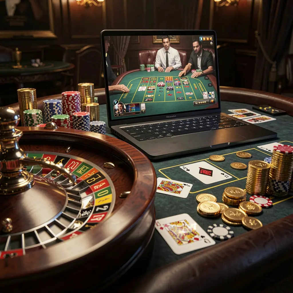 Luxury online roulette setup with stacked casino chips, playing cards, and a digital wheel showcasing the vibrant gaming atmosphere of GO778 casino for players in the Philippines