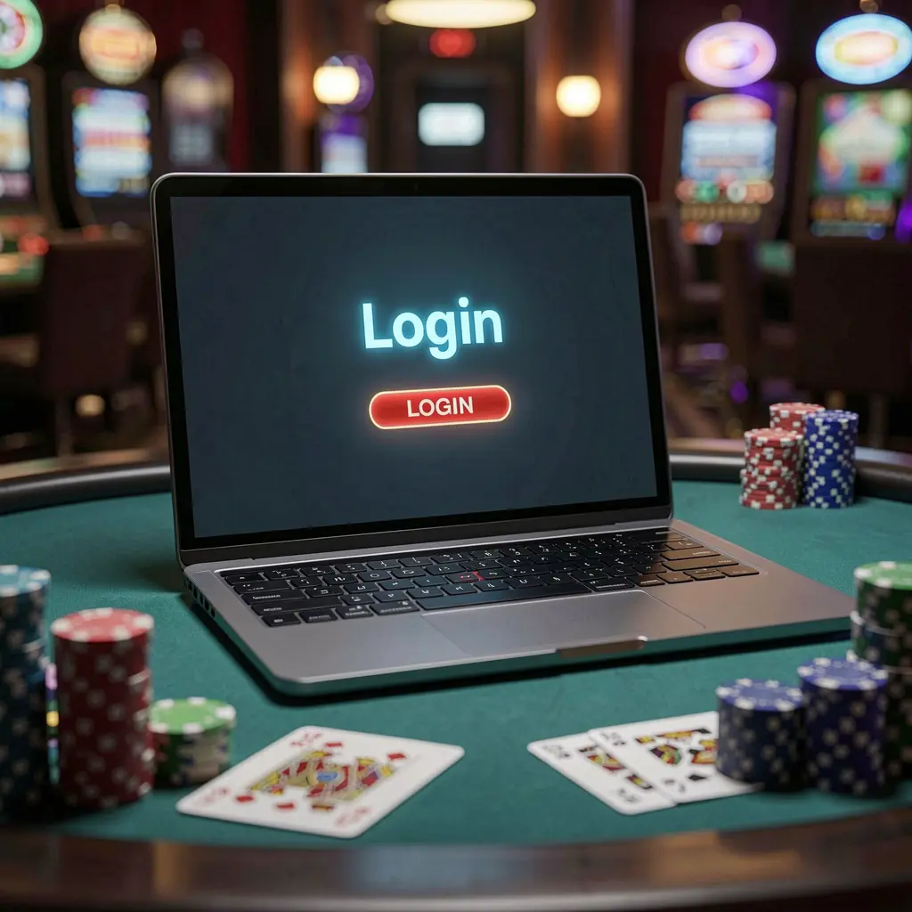 Modern laptop on a casino table with poker chips and cards showing the GO778 login screen for secure access in the Philippines